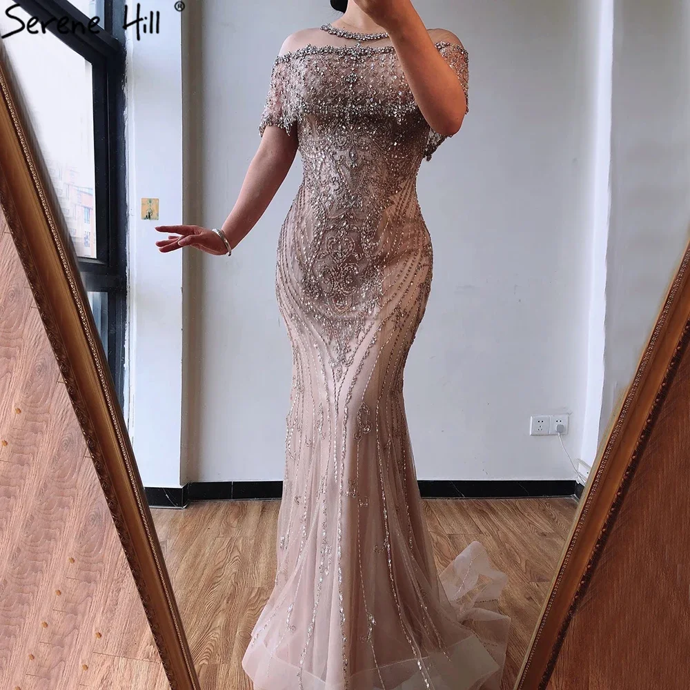 Nude Diamond Sequins Luxury Evening Dresses Long 2025 Dubai Short Sleeves Mermaid Formal Gown Customize BLA70519 2