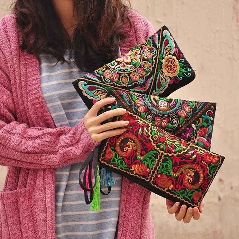 Ethnic Floral Embroidery Square Wallet with Wristlet Clutch Evening Bag for Organizing Cell Phone and Essentials women wallet women purse