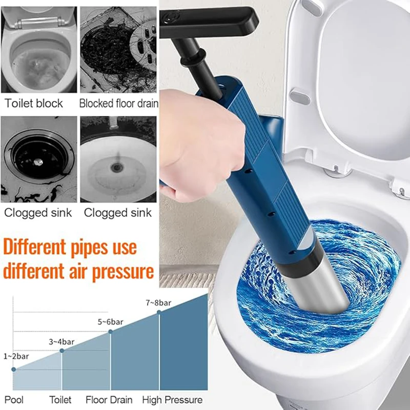 Drain Blaster Pneumatic High-pressure Tool Set Stainless Steel Toilet Plunger & Pipe Dredger Unblocker Kit