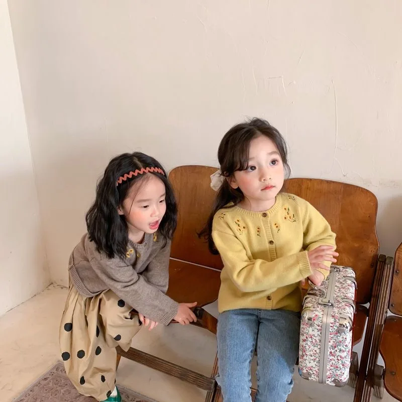 여아 공주 꽃 자수 니트 가디건, 스웨터, 긴팔 니트웨어 코트, 옷, 18M-10Y