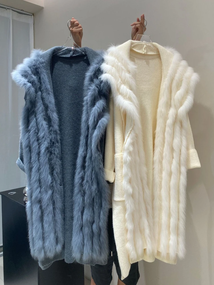 

New Women Hooded Sweater Knit Loose Patchwork Fox Fur Warm Coat Long Cardigan Fashion Lace-up Real Fur Sweater Fit Autumn Winter