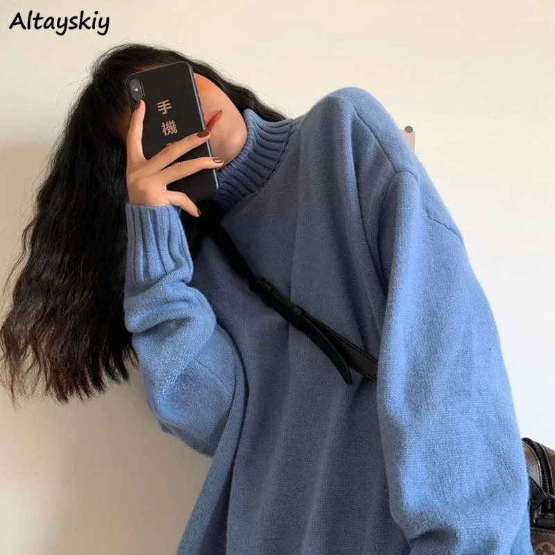 

Свитер Женский с высоким воротником, теплый зимний свободный милый однотонный мягкий модный Повседневный базовый Универсальный в стиле преппи в Корейском стиле, шикарная Новинка