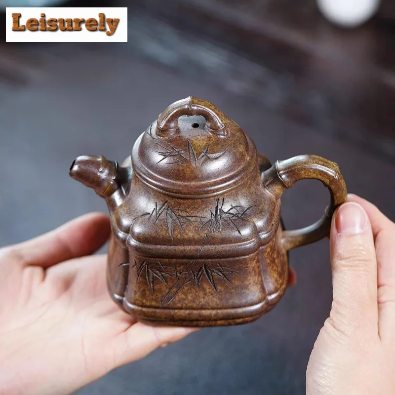 270ml Yixing Purple Clay Teapots Handmade Bamboo Tripod Pot Raw Ore Wood-fired Porcelain Mud Kettle With Filter Zisha Tea Set