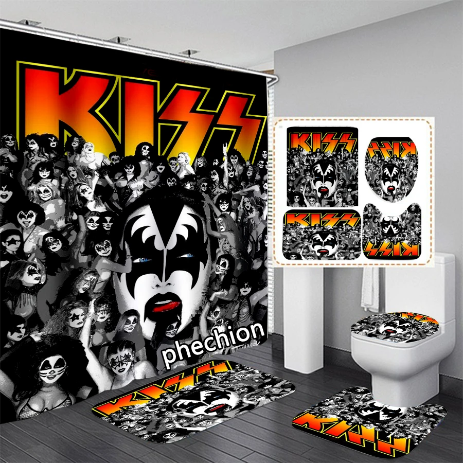 phechion Kiss Band 3D Print Waterproof Bathroom Shower Curtain Toilet Cover Mat Non-Slip Floor Mat (1/3/4Pcs) W74 6
