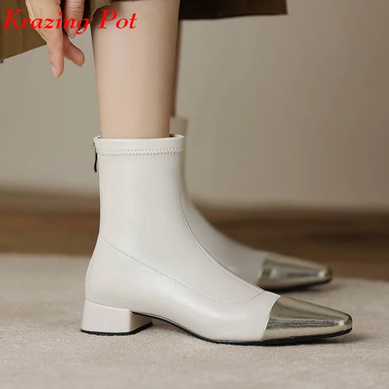 

Krazing Pot 2024 Cow Leather Thick Med Heels Square Toe Mixed Color Winter Warm Stretch Boots Metal Fasteners Zipper Ankle Boots