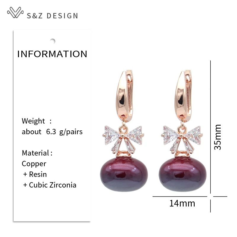 S&Z DESIGN New Fashion Cubic Zirconia Bowknot Wine Red Round Beads Dangle Earrings For Women Wedding 585 Rose Gold Color Jewelry