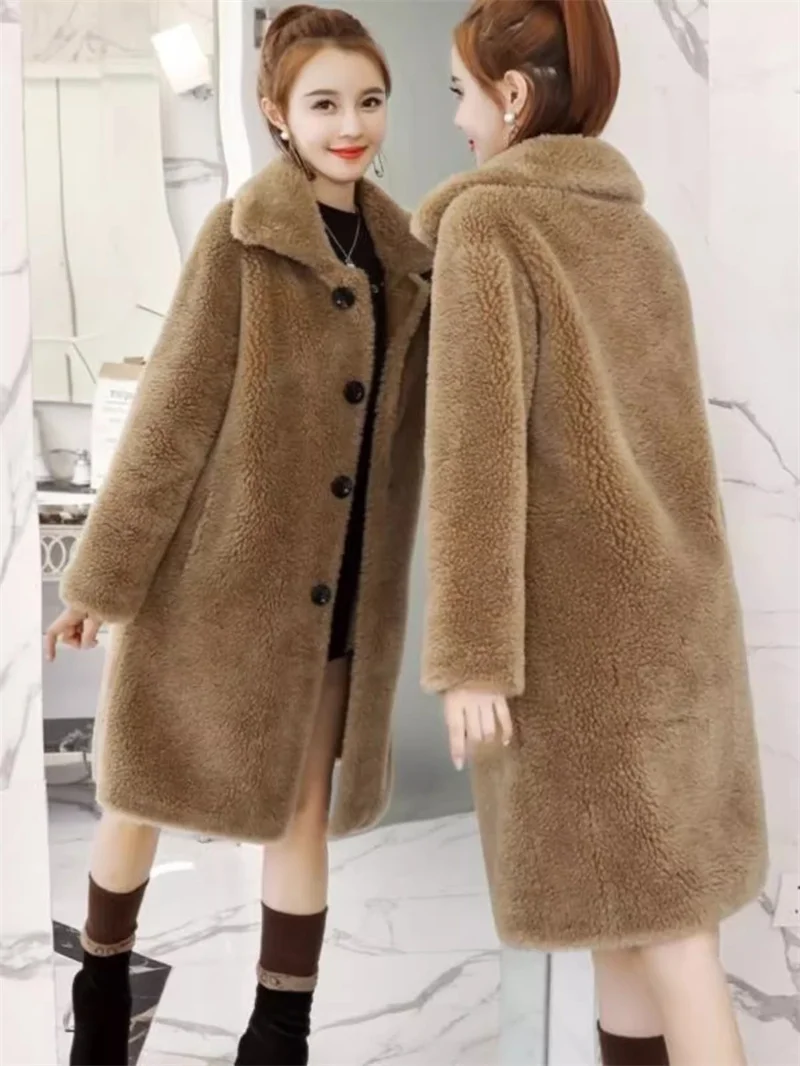 

Sheep Cut Velvet Coat for Women Mid Length 2023 Winter New Loose Fitting and Thickened Lapel Particle Wool Faux Fur Female Coat1