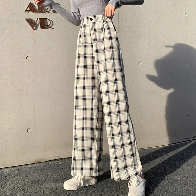 

Lucyever Casual Loose Plaid Pants Women 2022 Spring High Waist Wide Leg Pants Woman Straight Streetwear Trousers Ladies Size 4XL