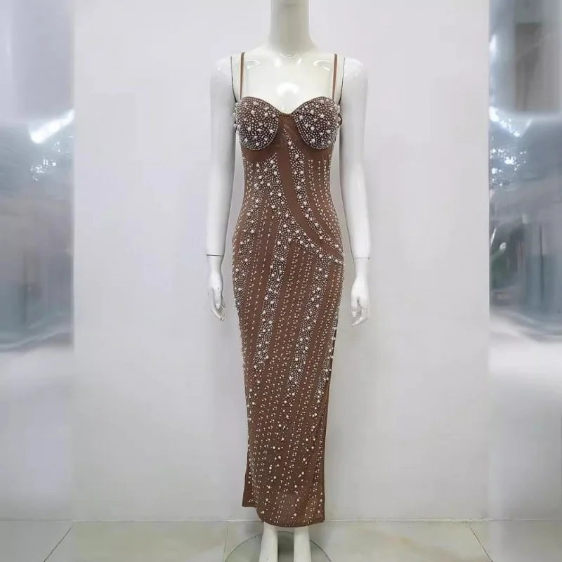 

Cross-border foreign trade Super Flash rhinestone beaded sexy low-cut high slit strap dress light luxury party dinner dress