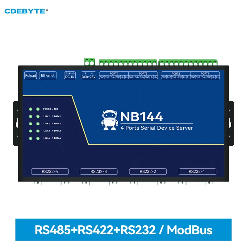 

4-Channel Serial Server RS232/422/485 RJ45 Modbus Gateway CDEBYTE NB144ES POE Receiving Power TCP/UDP/MQTT DC 8-28V