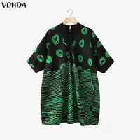 Plus Size Bohemian Vestidos 5XL VONDA Print Mini Dresses Women 3/4 Sleeve V-Neck Casual Loose Party Holiday Autumn Fashion Robe - Image 4