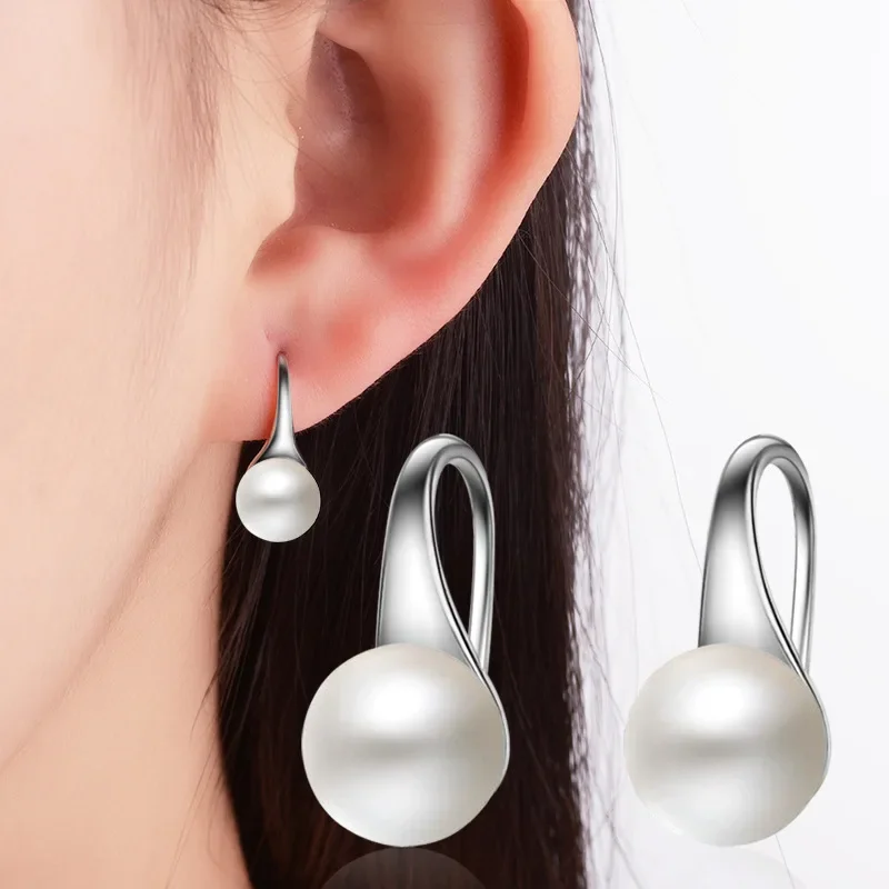 Pearl Earrings 925 Silver Needle Big Freshwater Pearl Round Sterling for Women