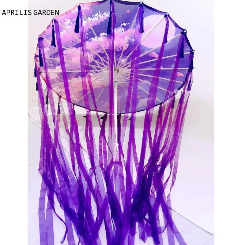 Purple Hanfu Oiled Paper Umbrella with Antique Tassels and Ribbons