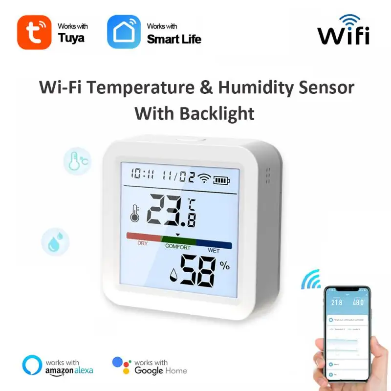 

Датчик температуры и влажности Tuya с Wi-Fi и подсветкой, комнатный гигрометр с дистанционным управлением через Alexa Google Home