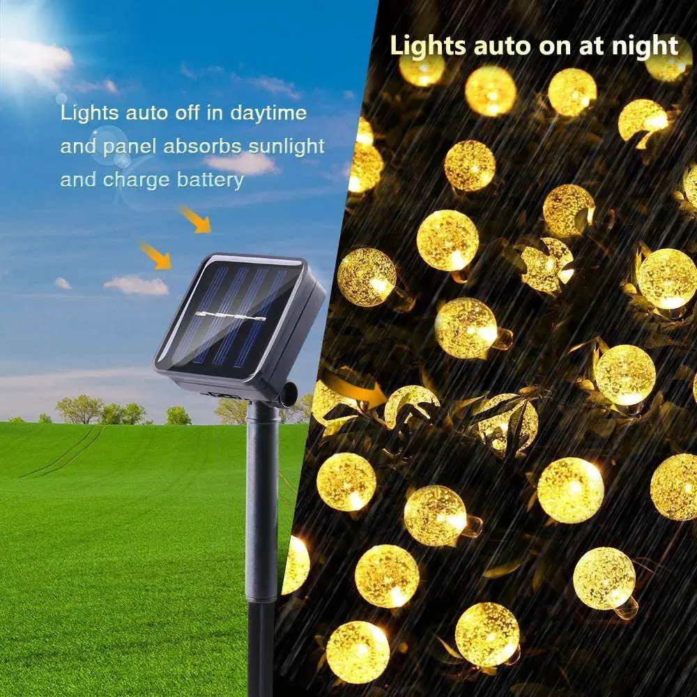 LED Solar String Lights Outdoor 60 Leds Waterproof Crystal Globe Lights with 8 Modes Garden Light for Patio Party Tree Decor