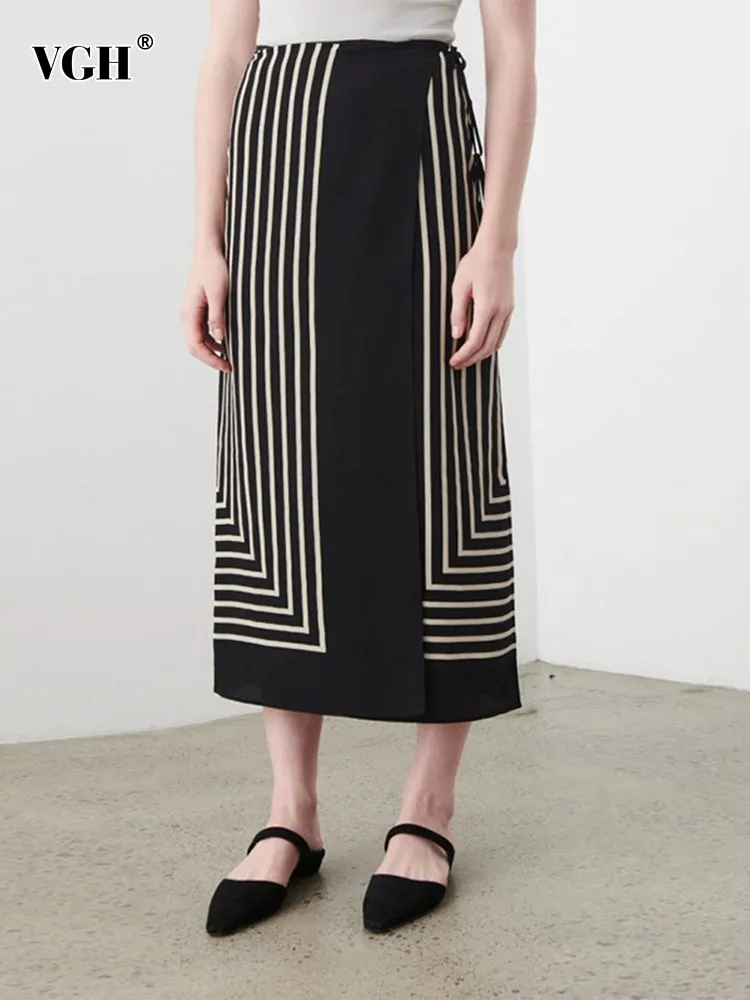 

VGH Geometric Printting Skirts For Women High Waist Spliced Lace Up Hit Color Casaul Slimming Skirt Female Summer Clothing New
