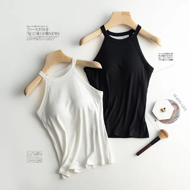 Basic Solid T shirts Women Slim Halter Neck Off-shoulder Camisole Tops Tees Summer Female Tanks Sleeveless With Chest Pad 2