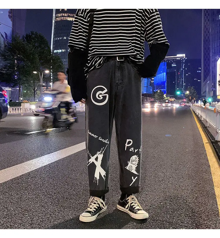 light blue jeans men Spring and Summer HipHop Straight Jeans Men's Graffiti Casual Trousers Trendy Loose Wide Leg Pants Male Student Ins All-Matching flannel lined jeans