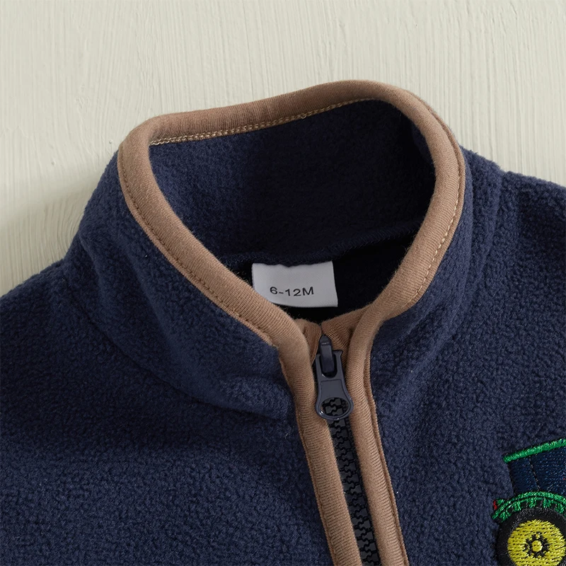 Children Vest 0-4Y Toddler Kids Boys Autumn Sleeveless Stand Collar Zip Up Tractor Embroidery Fleece Vest Jacket