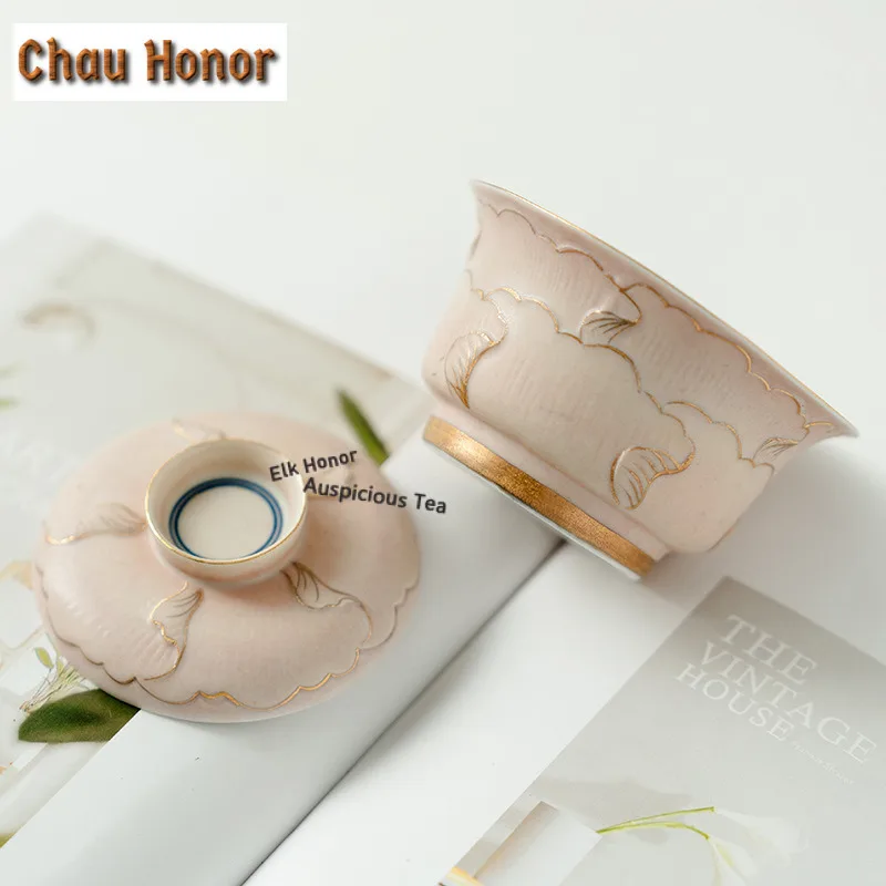 110ml Gold Drawing Pile Carve Peony Gaiwan Boutique Tea Tureen Household Tea Bowl With Lid Kit Tea Making Cover Bowl Teaware