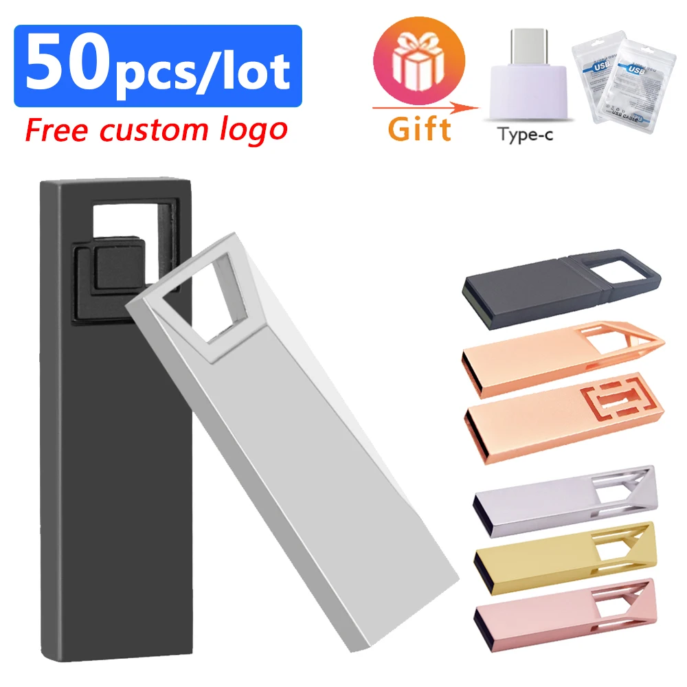 

50pcs/lot USB Flash Drives 64gb 128gb Pendrive 2.0 Metal Pen Drive 4gb 8gb 16gb 32gb Memory Stick U Disk Free Custom Logo