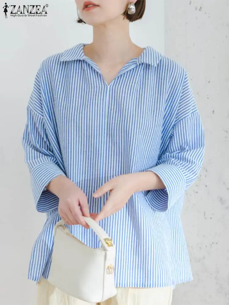 

ZANZEA Fashion Striped Printed Shirt Autumn Elegant Loose Blusas Woman Long Sleeve Tunic Tops Female Casual Chemise Oversized