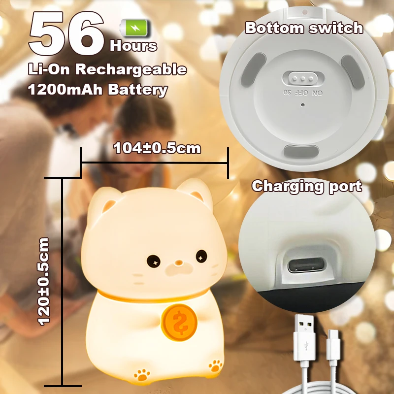 미니 카와이 고양이 램프, 실리콘 야간등, USB 충전식 수면등, 어린이 침실용 램프, 침대 옆 램프,  장난감, 어린이 선물