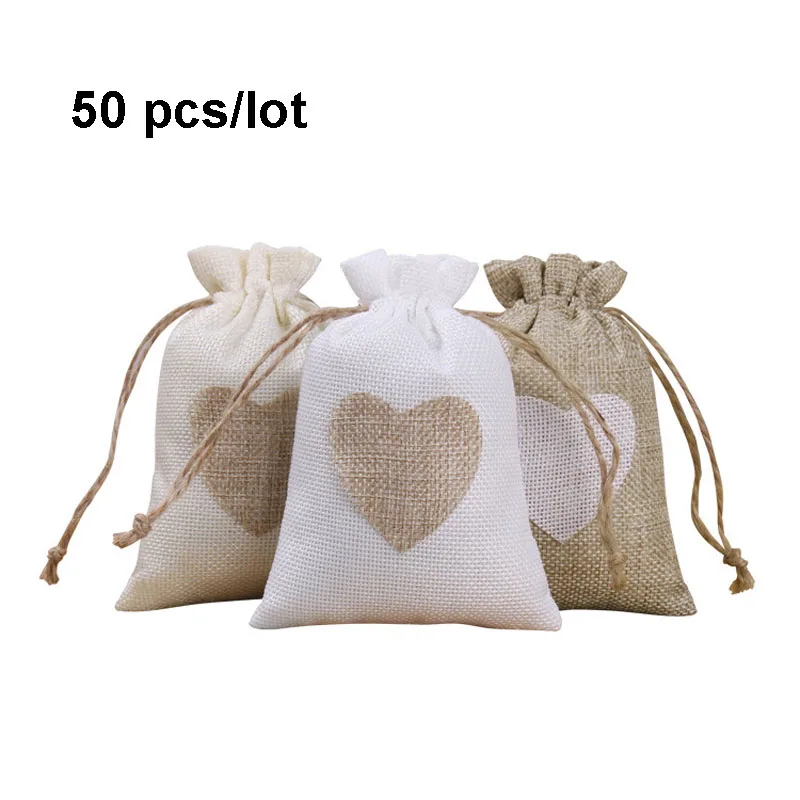 50pcs/Lot Heart-shaped Resuable Jute Linen Pouches Drawstring Storage Bag Jewelry Christmas Gift Packaging Bags Custom Logo