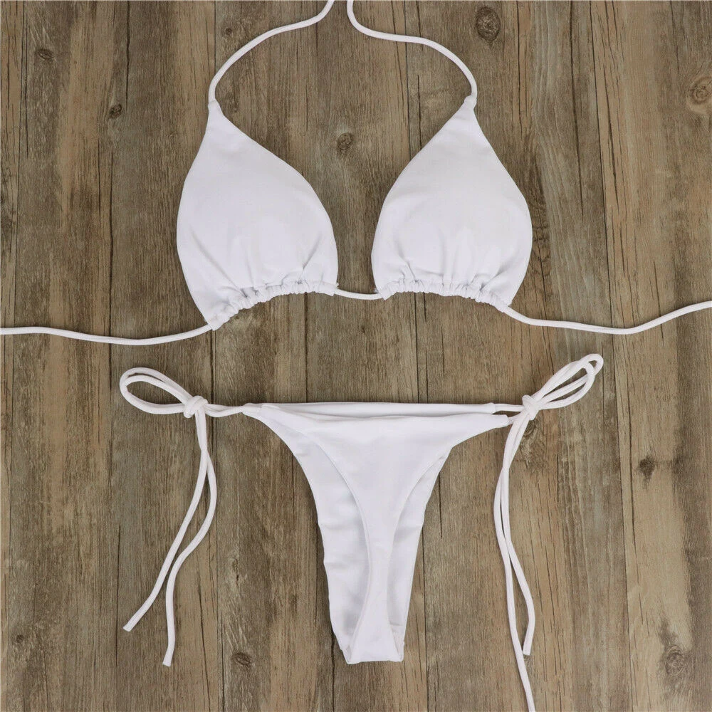 Conjunto de Bikini sin costuras para mujer, tangas elásticas ultrafinas, traje de baño transpirable liso con lazo lateral, traje de baño brasileño de estilo vendaje