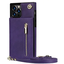 Leather Crossbody Zipper Wallet with Card Holder and Lanyard Strap - iPhone 13 Mini (Purple)