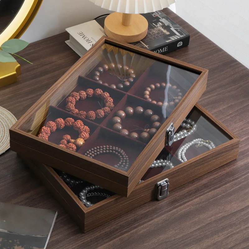 Net Red Black Walnut Patterned Wooden Glass Dustproof Bracelet Jewelry Storage Box Jewelry Viewing Storage Tray Display Tray