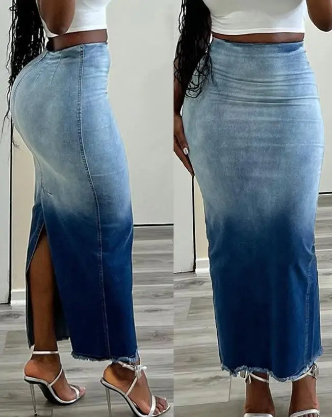 

Ombre Tie Dyed Printed Ragged Edge Split Fashion Denim Skirt Spring/summer 2023 New Hot Selling Casual Women's Style