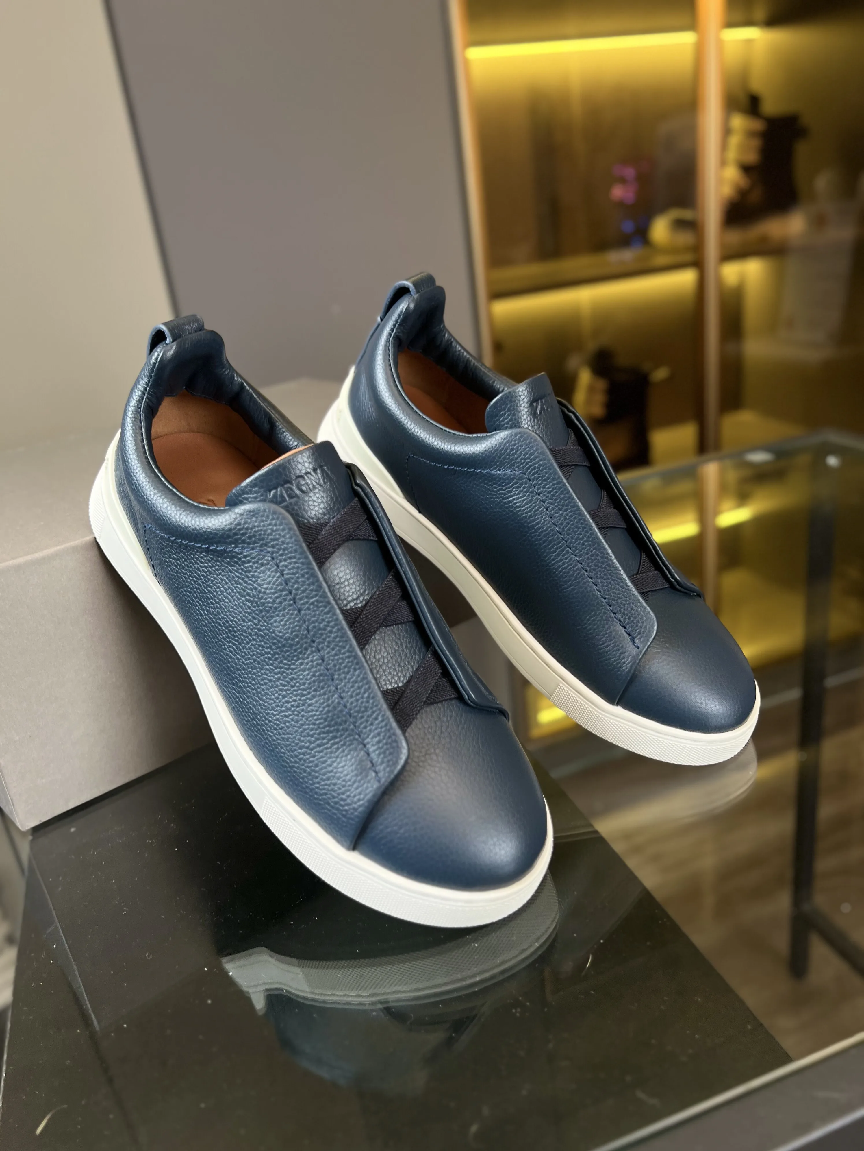 

Navy blue camouflage designer brand shoes Men's Slip-On Trainers Triple Stitch Deerskin Leather Round-Toe Suede Low Top Sneakers