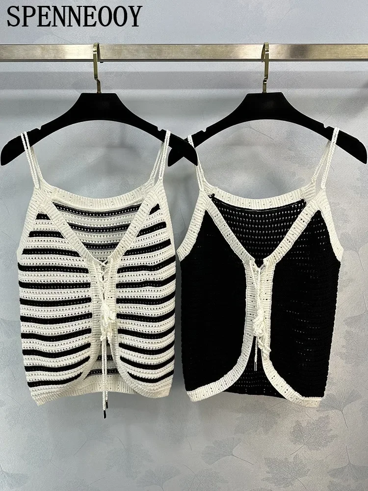 

Fashion Runway Summer Striped Knitting Camisole Women's Spaghetti Strap Hollow Out Breathable Slim Lace Up Tops