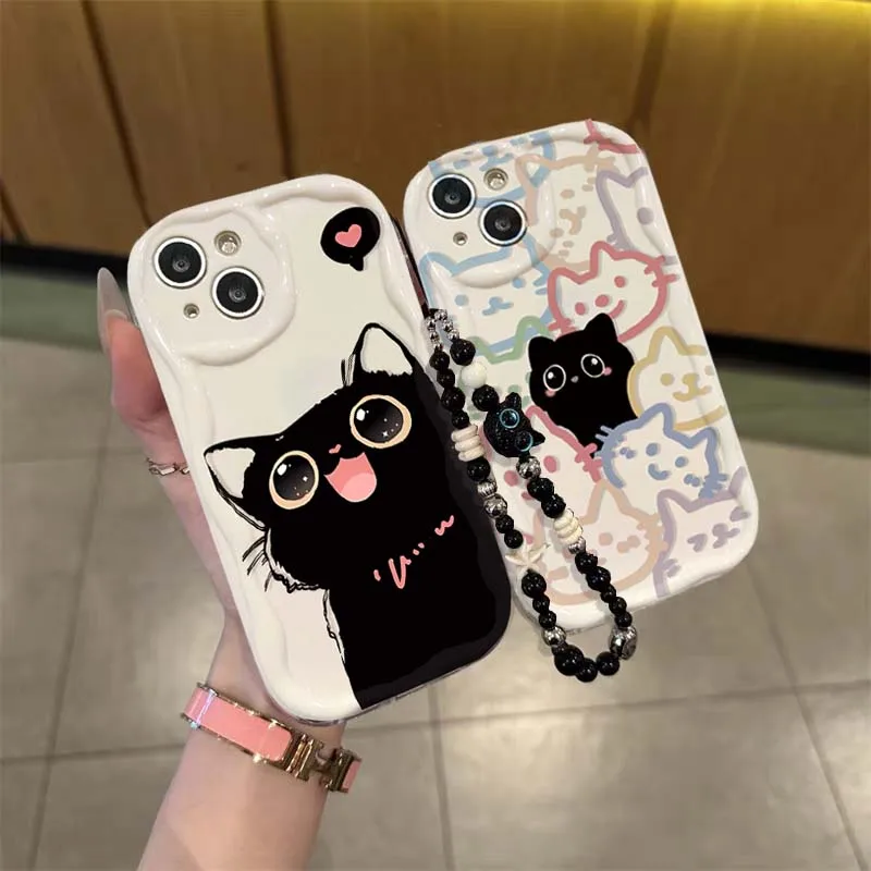 Chic Black Cat Wrist Chain Phone Case Cover
