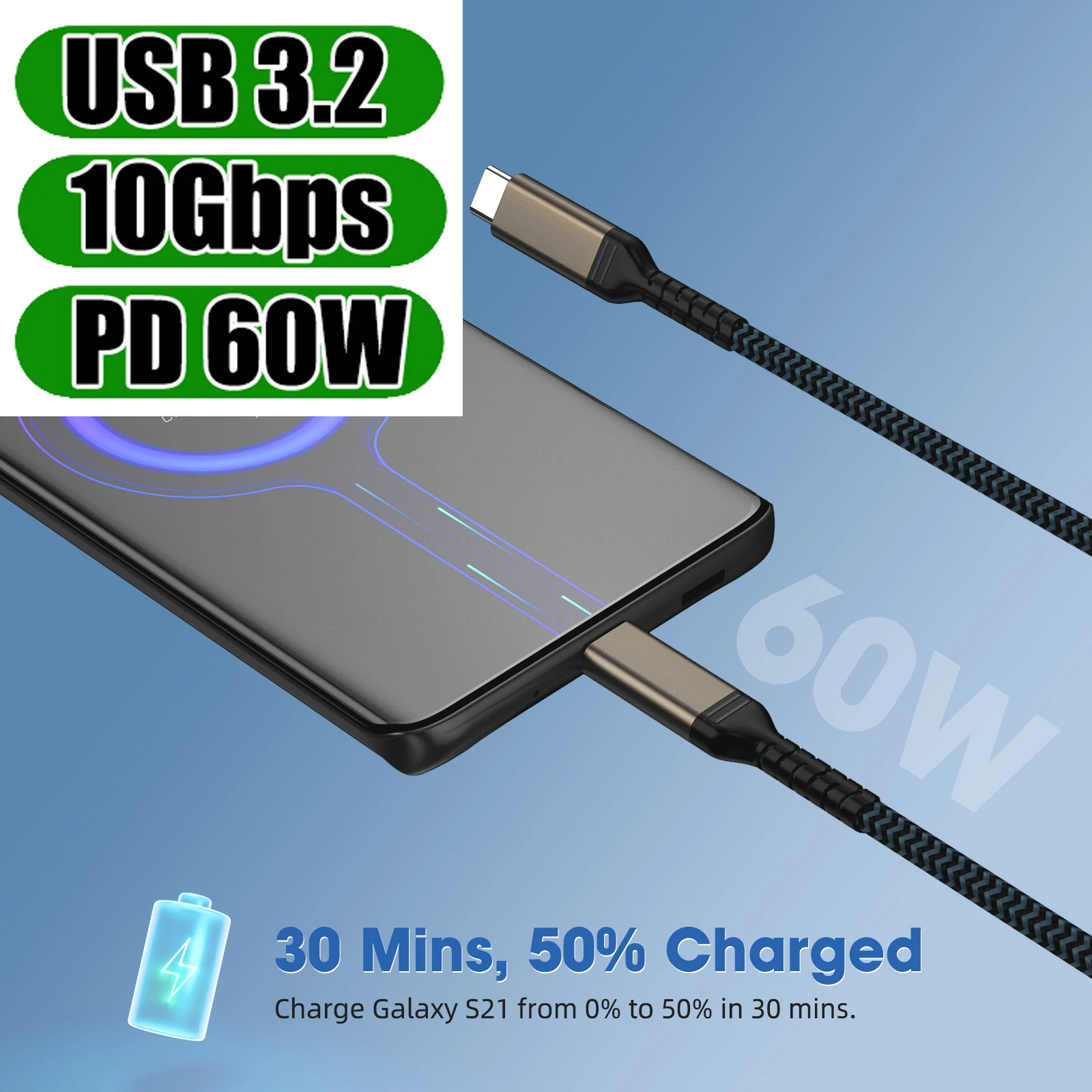 USB 3.2 Type-C to Type-C Fast Charging Cable, 60W PD, Available in 1m, 2m, 3m Lengths