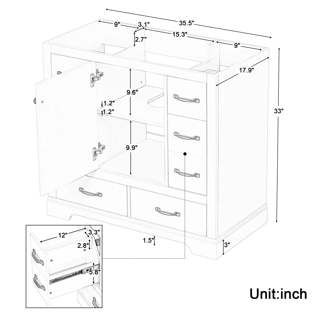 36" Bathroom Vanity Without Sink, Cabinet Base Only, Six Drawers, Multi-Functional Drawer Divider, Adjustable Shelf, Green 6