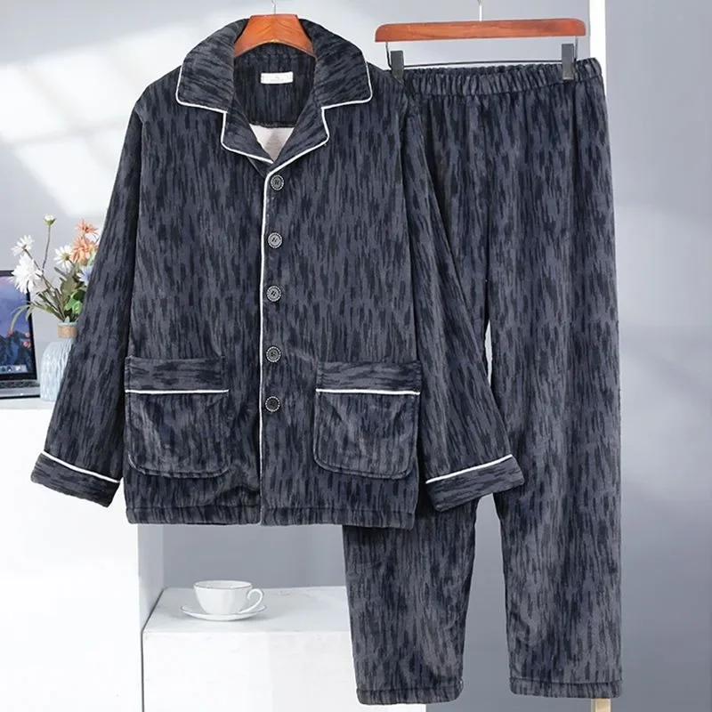 2024 New Pajama Men Long-sleeved Coral Fleece V-neck Autumn Winter Sleepwear Young Middle-aged Flannel Large Size Homewear Suit