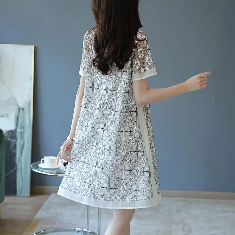 Elegant Square Collar Gauze Hollow Out Lace Vintage Dress Women Clothing 2024 Summer New Loose Office Lady Short Sleeve Dresses