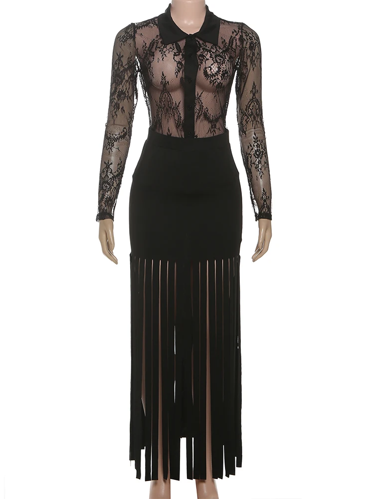 Nibber Autumn 2 Piece Set Woman Sexy See Through Polo-Neck Mesh Single-Breasted Tops+Splits Tassel Long Skirts Midnight Clubwear