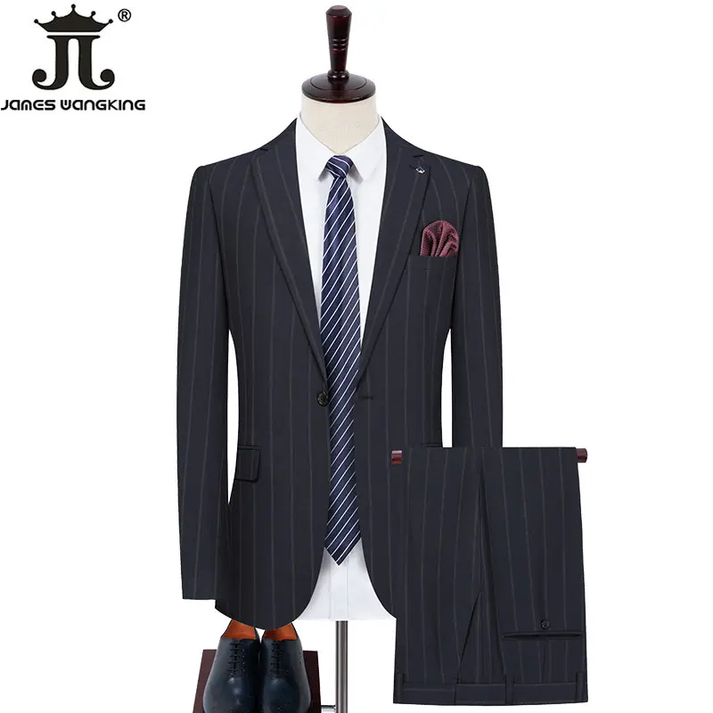 Men's Business Casual Wedding Groom Party Twopiece Blazer Trousers Slim Suit Male Solid Color Plaid Stripes Suit Jacket Pants