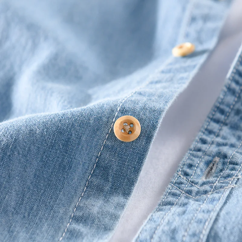 Summer Short Sleeve Denim Shirt Men Casual Slim Jean Shirts Pure Cotton Double Pockets Cowboy Shirt