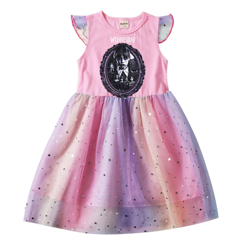 

2023 Summer Magic Wednesday Addams Dress Baby Girls Short Sleeve Dresses Kids Wedding Party Princess Vestidos Halloween Costume
