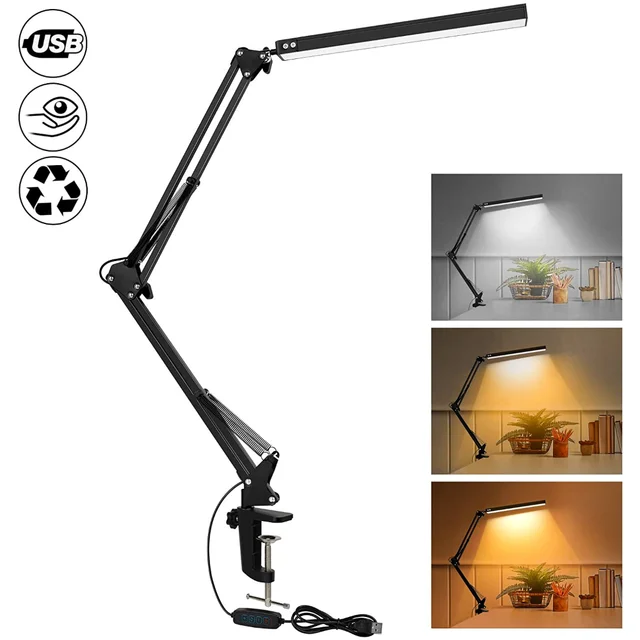 LED Desk Lamp with Clamp 10W Swing Arm Desk Lamp Eye-Caring Dimmable Desk Light with 10 Brightness Level, 3 Lighting Modes 1