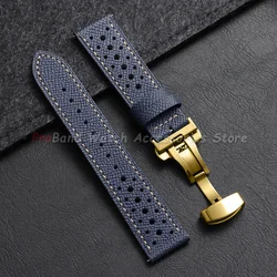 Vintage Genuine Leather Watch Band - Universal Cowhide Strap with Breathable Design - 18mm (Blue - Gold)