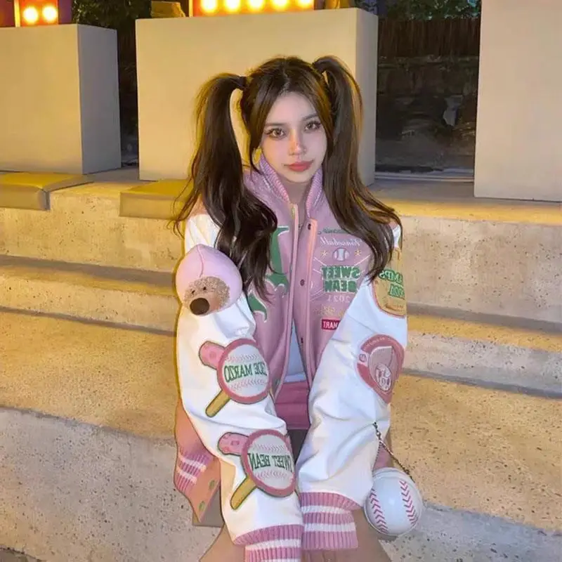 

ZAWAHIKI Autumn Winter Designed Letter Cartoon Graphic Embroidery Loose Women Jackets Patchwork Contrast Color Chic Outwear