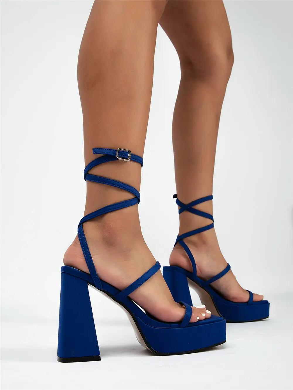 blue platform block heels