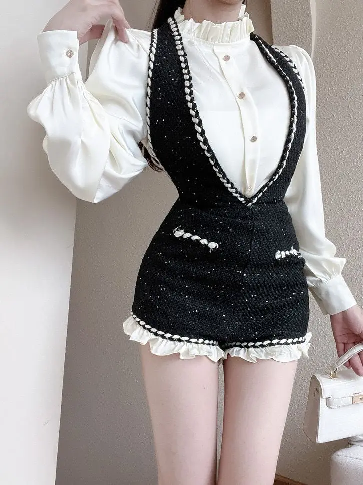 French Vintage Two-piece Set Women Solid Ruffles O-neck Shirt Tweed Halter Short Overalls Elegant Fashion Autumn Y2K Outfits New
