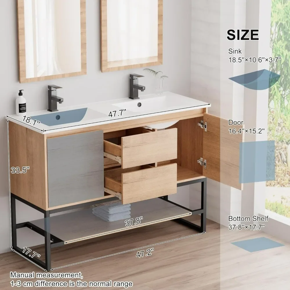 Bathroom Organizers, 48" Bathroom Vanity With Sink Combo, Built-in Power Socket Metal Frame Faucet And 2 Soft-Closing Door, Bath 2