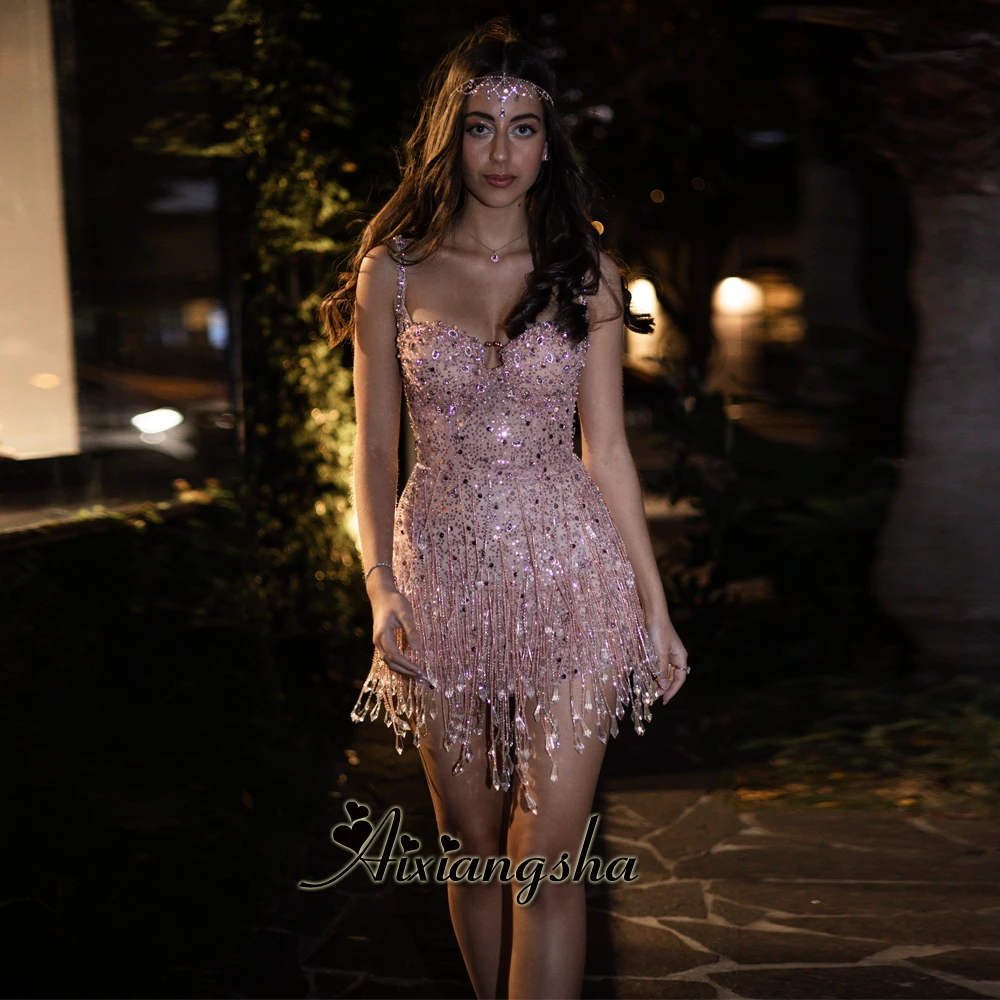 Aixiangsha Dazzling Mini Prom Dresses for Women Spaghetti Straps Rhinestones Tassel Sheath Vestidos De Noche Customized 1